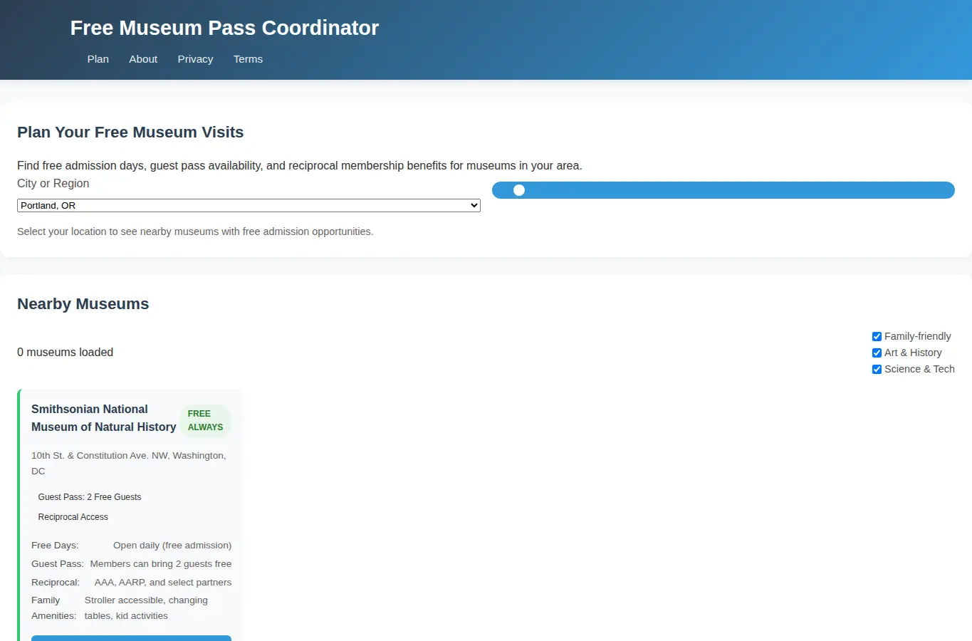 Screenshot of Free Museum Pass Coordinator interface showing the project page in use